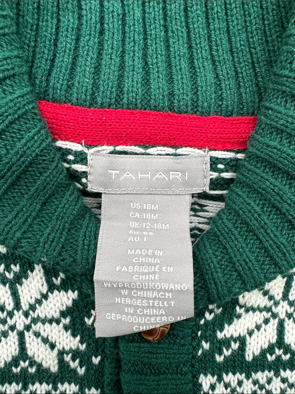 Tahari Green and White Fair Isle Shawl Collar Cardigan - Picture 2 of 3